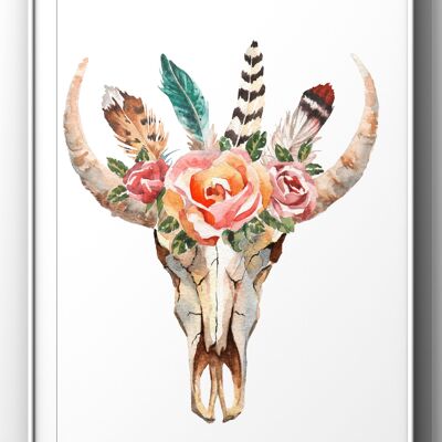 Floral Animal Skull Watercolour Wall Art Print - 50X70CM PRINT ONLY