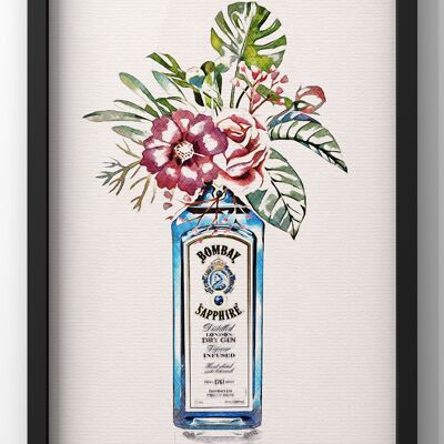 Bombay Sapphire Gin Bottle Illustration Print | Kitchen Gin Wall Art - A4 Print Only