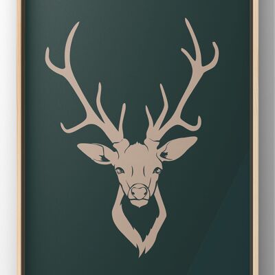 Minimal Stag Print | Darl Green Wall Art - 50X70CM PRINT ONLY