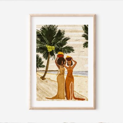 Mujeres africanas en la playa | Impresión del arte de las mujeres | | Arte de playa| |Ilustraciones negras| Arte de mujeres afro | Arte afro| Estampado Tropical| Arte mural africano A4