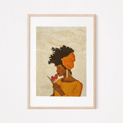 Stampa artistica di donne afro | Tulipani botanici | Copricapo Arte| Arte della parete |Parete della galleria| Regalo di inaugurazione della casa | Arte Nera | Stampa d'arte africana A4