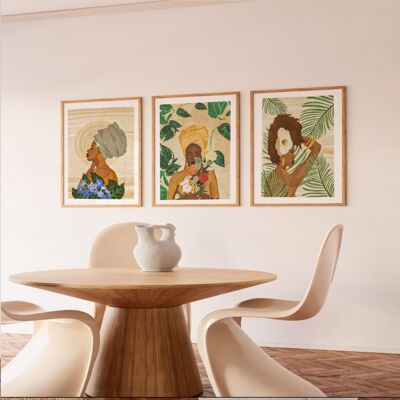 Stampe botaniche | Arte moderna della parete africana |Set di 3 stampe d'arte| Arte africana| Pacchetto di arte floreale ragazza nera| Galleria a parete| Arredamento africano A4