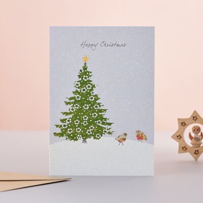 Tarjeta de Navidad Petirrojos y árbol de Navidad