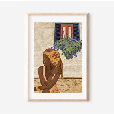 Impresión del arte de las mujeres afro | Impresión del jardín botánico | Arte para envolver la cabeza | Arte de la pared | Pared de la galería | Regalo de inauguración de la casa | regalo para ella | Impresión de bellas artes A4