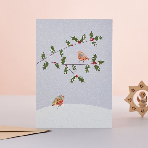 Robins & Holly Snow Christmas Card