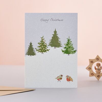 Rotkehlchen und Bäume Weihnachtskarte