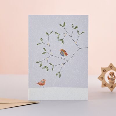 Robins & Mistletoe Snow Christmas Card