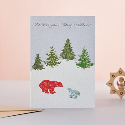 Tarjeta de Navidad con osos polares y árboles