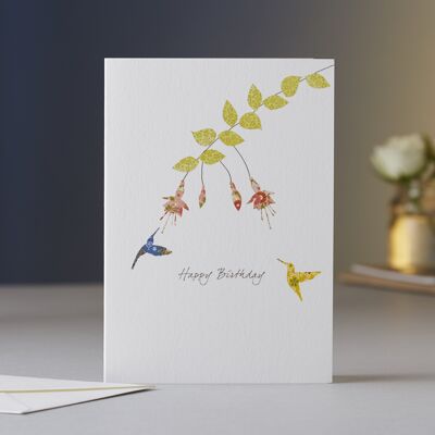 Tarjeta de cumpleaños fucsia y dos colibríes