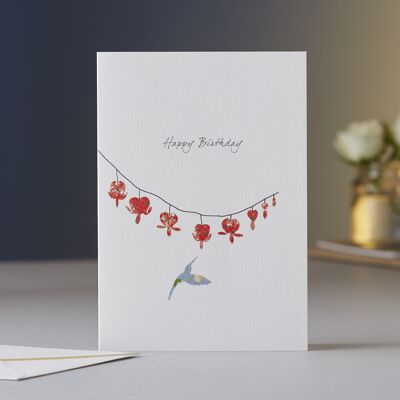 Tarjeta de cumpleaños de corazón sangrante y colibrí