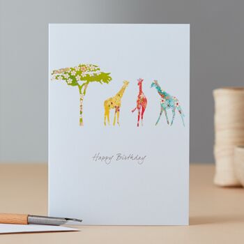 Carte d'anniversaire girafe et arbre