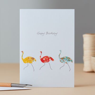 Tarjeta de cumpleaños de tres avestruces