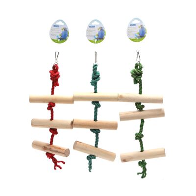 WOODEN BIRD TOY(THREE LADDERS WITH HEMP ROPE)GREEN/RED/BLUE