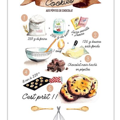 Affiche Aquarelle  La Recette de Cookies