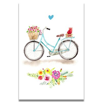 Tarjeta de acuarela de bicicleta floral