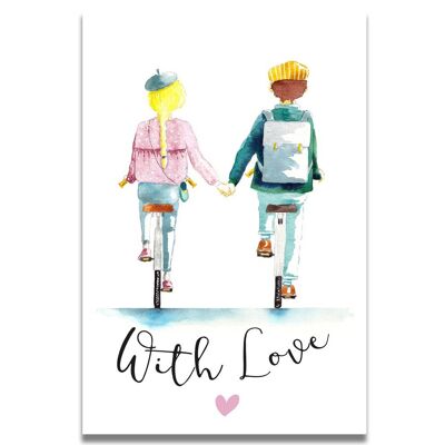 Carta dell'acquerello di coppia in bicicletta