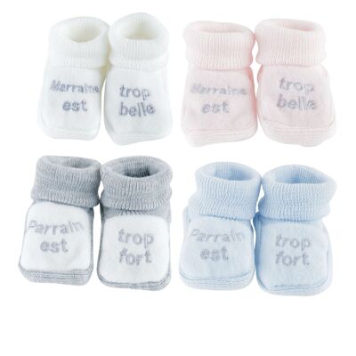 CHAUSSONS-parrain marraine-ROSE/BLANC/BLEU/GRIS