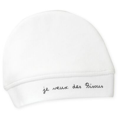 BONNET NAISSANCE VELOURS BLANC JE VEUX DES BISOUS -Blanc