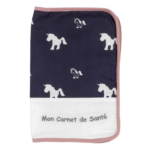 PROTEGE CARNET DE SANTE OPHELIA LA LICORNE-ROSE/BLEU MARINE