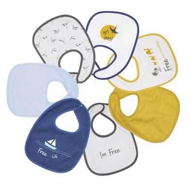 1ST AGE BIBS X7-FREE-White, blue, mustard