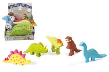 Tikiri: DINO BÉBÉ / ASSORTIMENT 10-14cm, en caoutchouc naturel, 5 modèles ass. (3x T-rex, 3x Triceratops, 2x Stégosaure, 2x Brachiosaure and 2x Parasaurolophus), en présentoir, 1+ 1