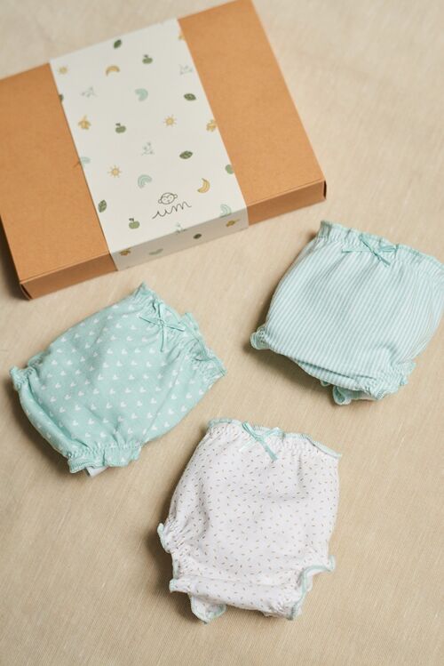 Pack 3 braguitas para niña sostenibles - Ropa interior niña - pack Corazones Verde Agua