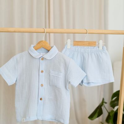 Boys and girls short-sleeved bambula organic cotton pajamas - Light Blue