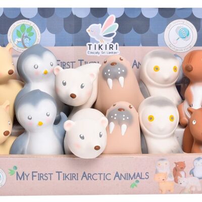 Tikiri: MON PREMIER ANIMAL ARCTIQUE / ASSORTIMENT 8-11cm, en caoutchouc naturel, avec grelot, 6 modèles ass., en présentoir, 0+