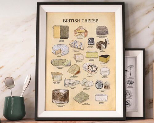 BRITISH cheese poster, Cheese art, vintage cheese, Food love A4(white)