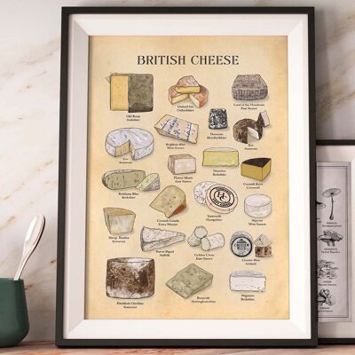 Poster di formaggio BRITANNICO, arte del formaggio, formaggio vintage, amore per il cibo A4 (antico invecchiato)
