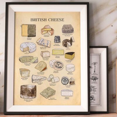 Poster di formaggio BRITANNICO, arte del formaggio, formaggio vintage, amore per il cibo A4 (antico invecchiato)