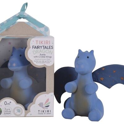 Tikiri Fairy Tales: Night DRAGON con ali blu 13cm, in gomma naturale e cotone, con campanello, in scatola con finestra, 0+