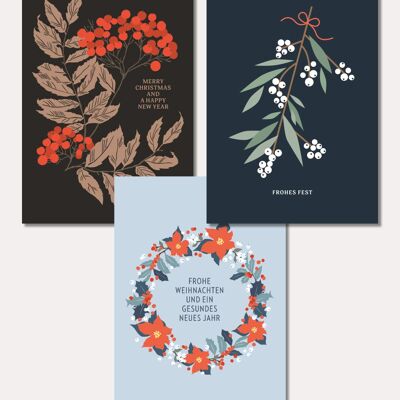 Cartes de Noël (ensemble de 3) Twigs & Flowers, avec enveloppes