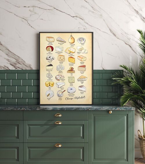 cheese alphabet poster, A-Z of Cheese, Cheese art, vintage c A4(white)