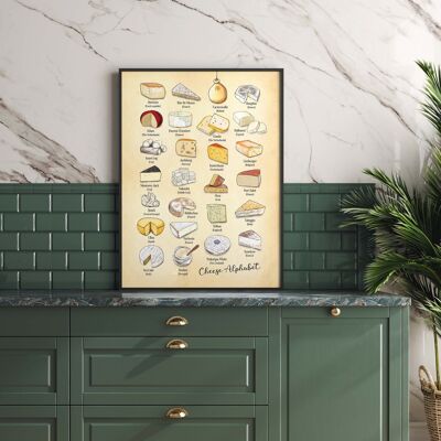 poster dell'alfabeto del formaggio, dalla A alla Z di formaggio, arte del formaggio, vintage c A4 (bianco)