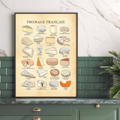 Impression de fromage FRENCH, Food Art, Farmhouse Wall Art, Kitchen p A3 (Aged Antique)