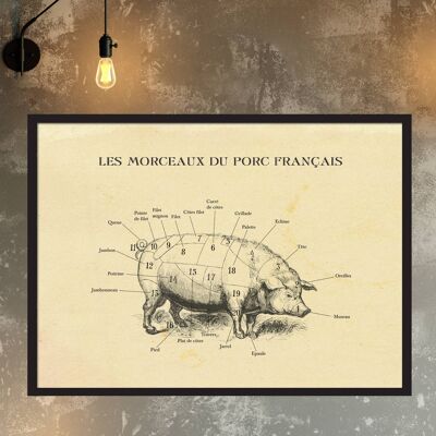 Tableau des coupes de porc FRANÇAIS - Tableau de boucher, gravure à l'eau-forte, Farmh A4 (blanc)