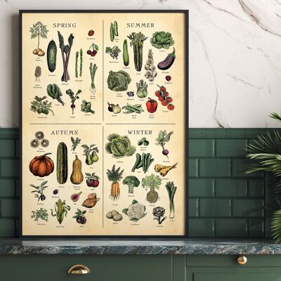 Stampa di frutta e verdura di stagione, arte botanica A4 (bianco)