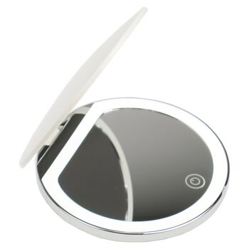 Miroir de poche rond blanc/argent avec grossissement 2x et éclairage LED 2