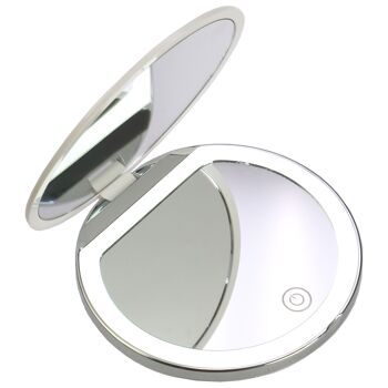 Miroir de poche rond blanc/argent avec grossissement 2x et éclairage LED 3