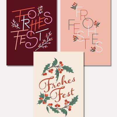 Cartes Joyeuses Fêtes (ensemble de 3) avec enveloppes