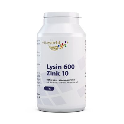 Lysine 600 mg plus zinc 10 mg (120 gélules)