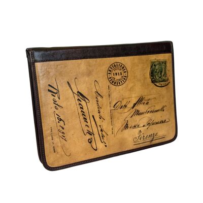 BRUNELLESCHI - A4 Notebook Holder in Genuine Vegetable Tanned Leather with image of an ancient postcard