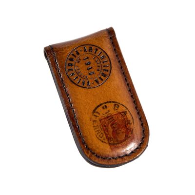 SCARLATTI - Magnetic money clip in genuine vegetable tanned leather with image of an ancient postcard