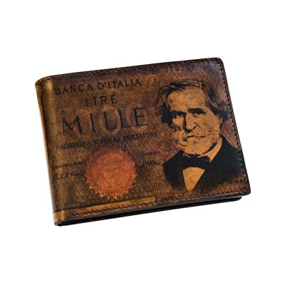 VERDI - Men's Wallet in Genuine Vegetable Tanned Leather with image of the Old Thousand Lire