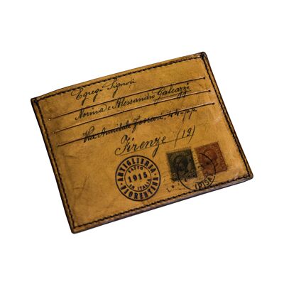 BACH – Small Credit Card Holder in Genuine Vegetable Tanned Leather with image of an ancient postcard