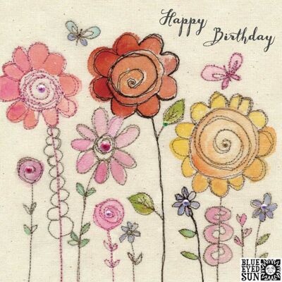 Happy Birthday Flowers on Stalks - Broderie