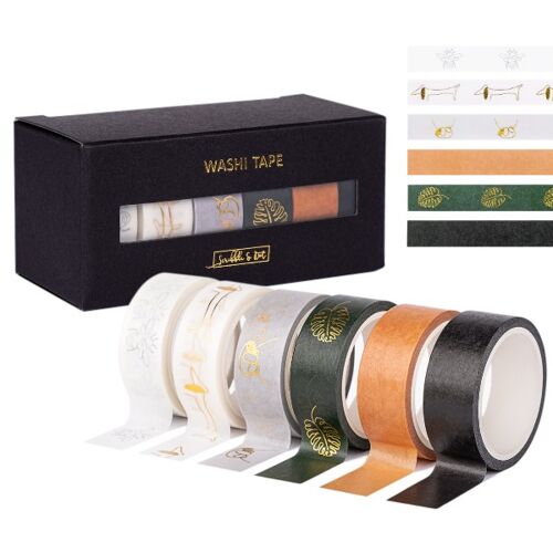 Washi Tape - 5M Long Rolls (6 Rolls) Signature Tape Set with Gold Foil Designs