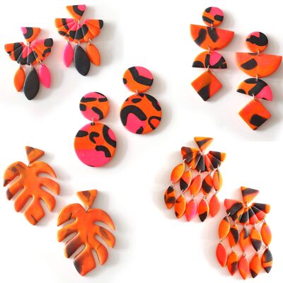5 pairs, Neon Tigre Collection of Polymer Clay Earrings