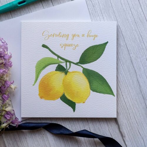 “Sending you a huge squeeze” lemon greeting card